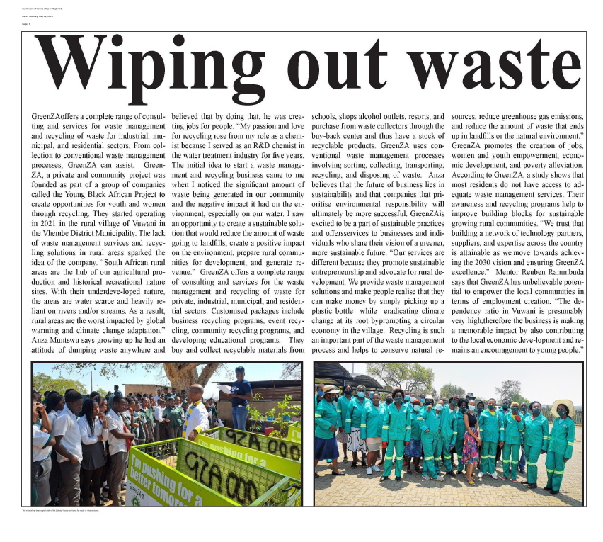 GreenZA comprehensive waste management operations showing community engagement and environmental restoration projects